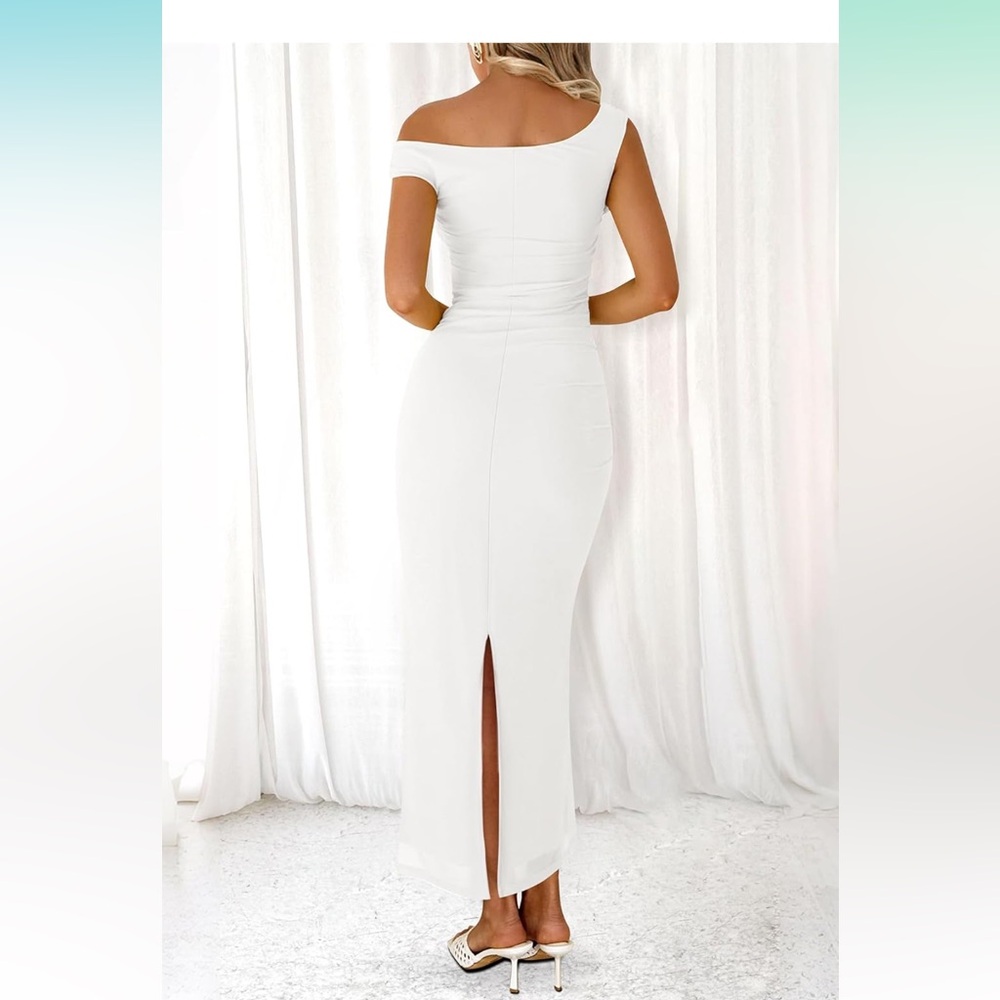 White Off-Shoulder Ruched Dress - Picture 3 of 8